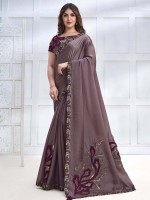 Greyish Brown Crepe Satin Silk Saree